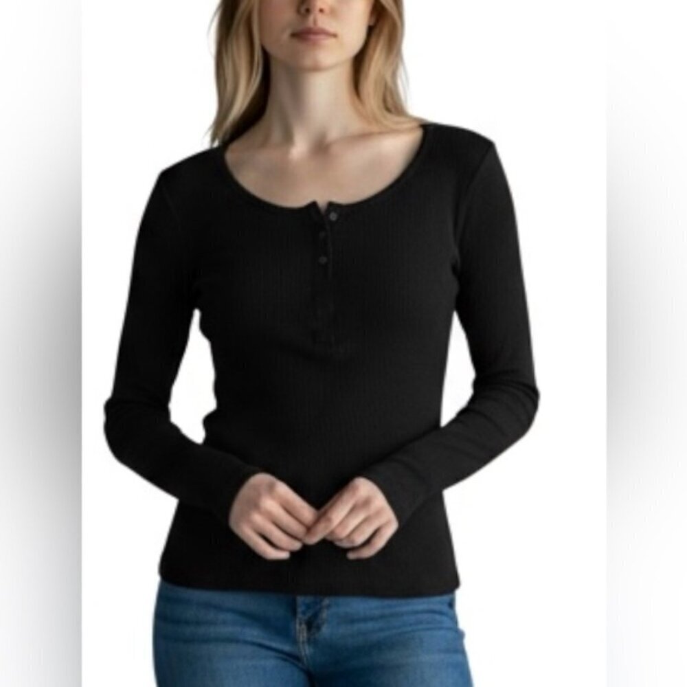 Esmara Long Sleeve Henley Ribbed Top Round Neck Tee Button Detail Black XL 16/18 - Picture 16 of 16